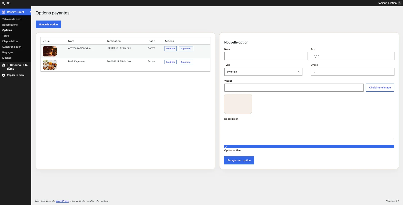 Gestion des options payantes dans le plugin WordPress de réservation avec visuels et tarification