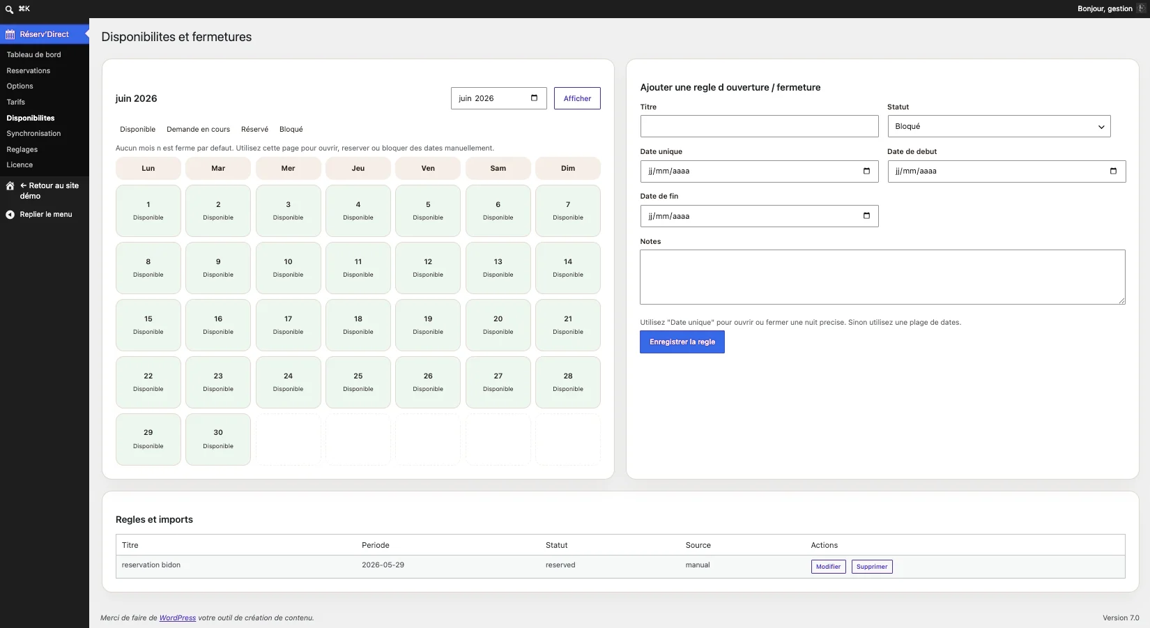 Gestion des disponibilités et fermetures dans le back office du plugin WordPress de réservation