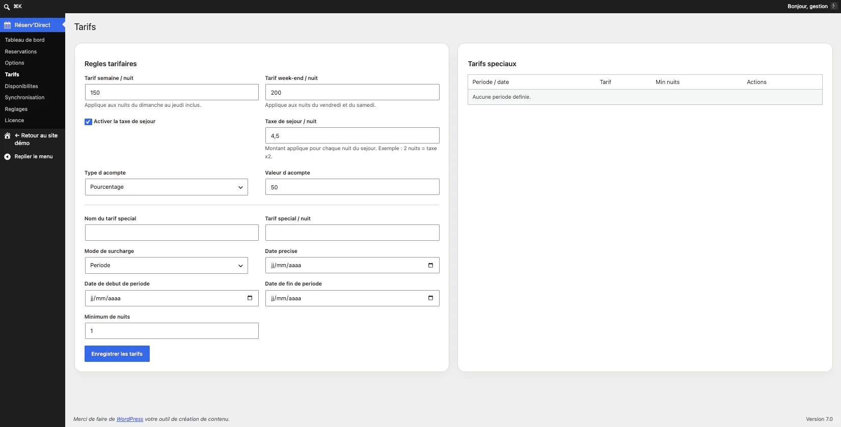 Gestion des tarifs dans le back office du plugin WordPress système de réservation