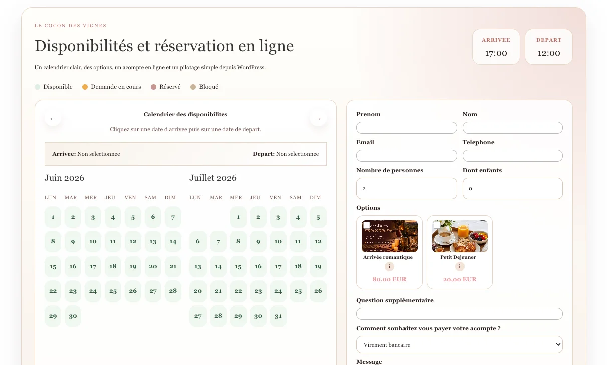Interface du plugin Réserv’Direct