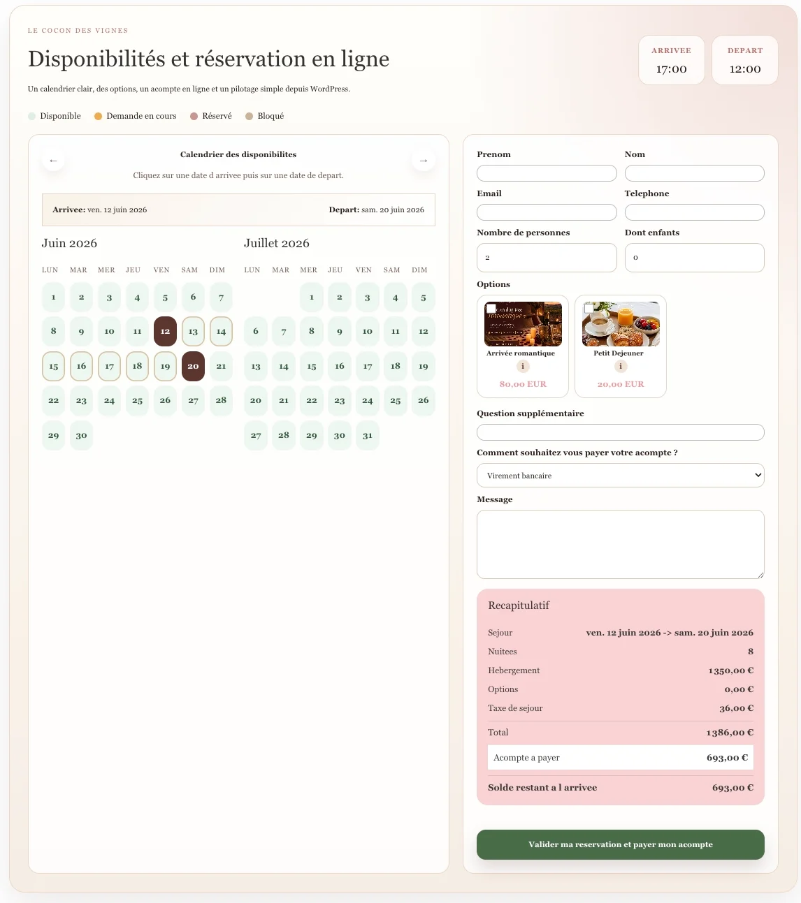 Plugin WordPress système de réservation en ligne pour hébergement avec calendrier, formulaire et récapitulatif de séjour